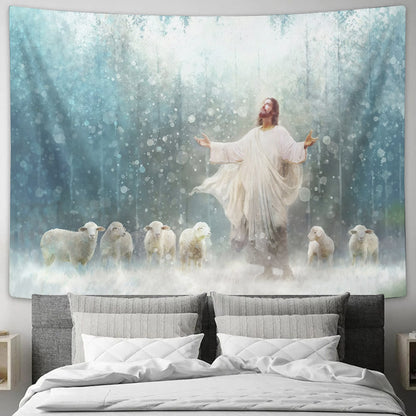Jesus Christ Reaching Out With Both Hands And Sheep Tapestry - Radiance - Christian Tapestry - Jesus Tapestry - Religious Tapestry - Ciaocustom
