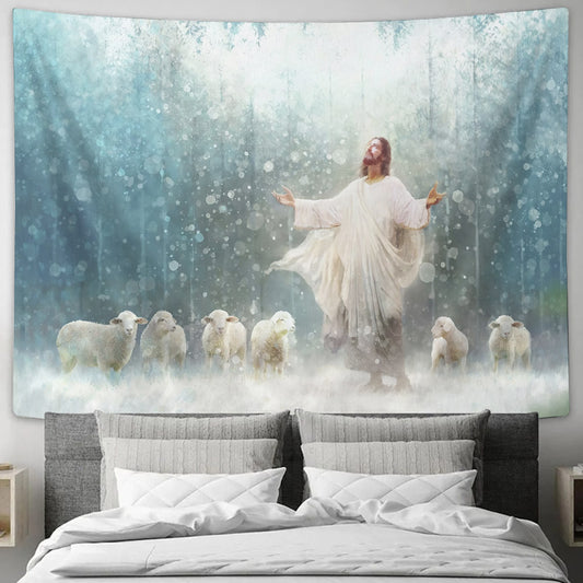 Jesus Christ Reaching Out With Both Hands And Sheep Tapestry - Radiance - Christian Tapestry - Jesus Tapestry - Religious Tapestry - Ciaocustom