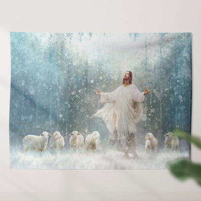 Jesus Christ Reaching Out With Both Hands And Sheep Tapestry - Radiance - Christian Tapestry - Jesus Tapestry - Religious Tapestry - Ciaocustom