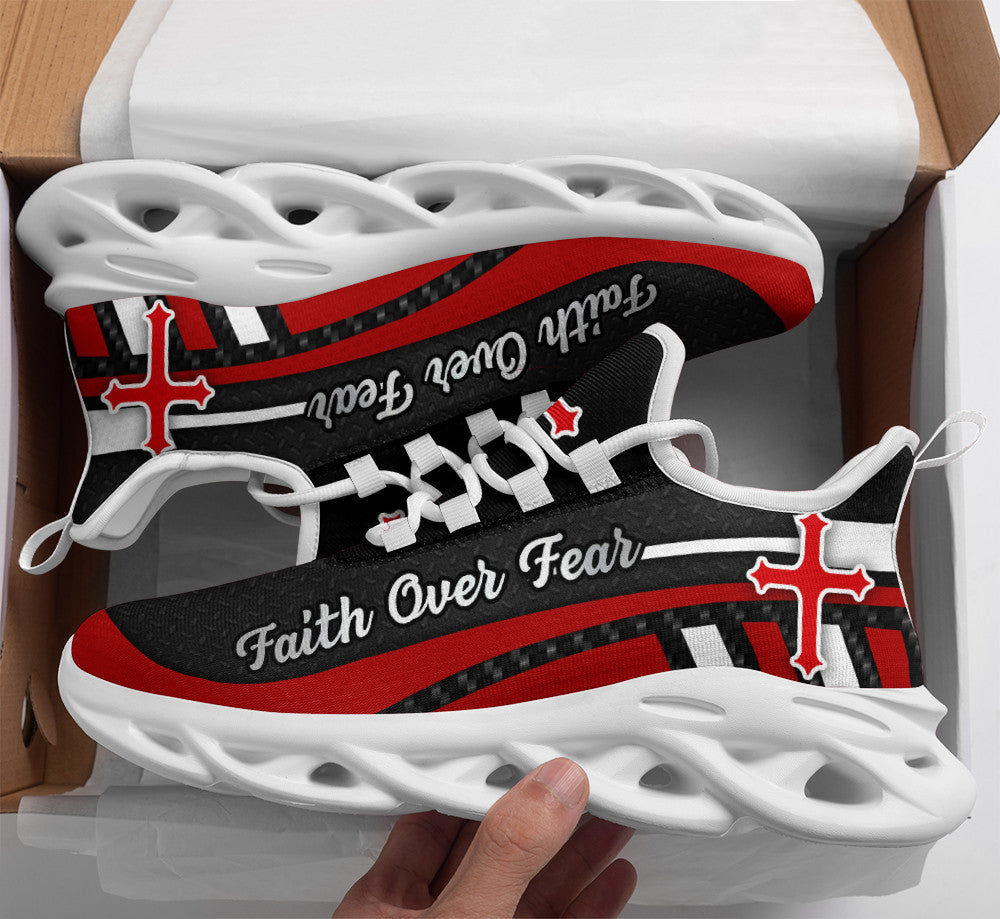 Red Black Jesus Faith Over Fear Yezy Running Sneakers Max Soul Shoes - Christian Shoes For Men And Women