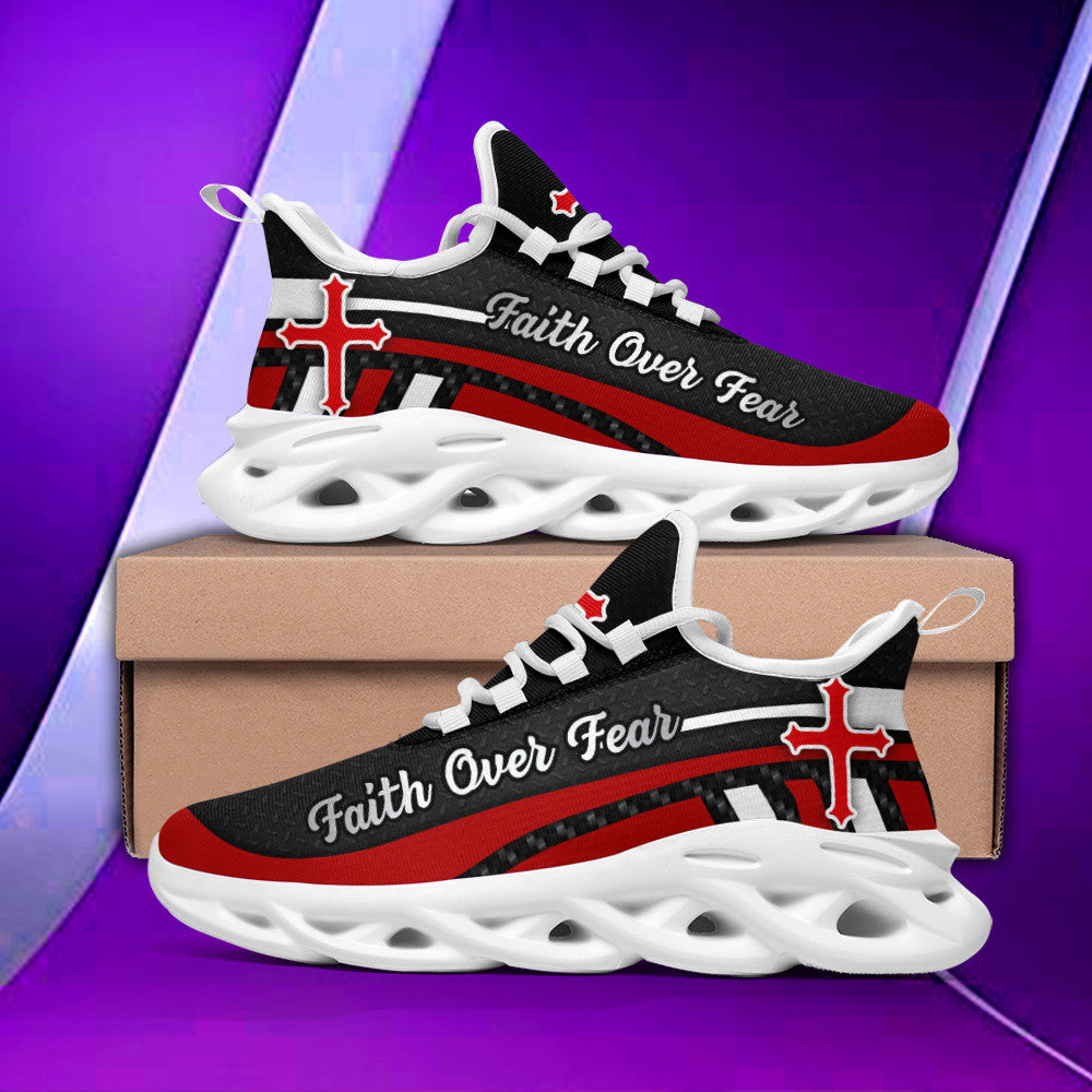 Red Black Jesus Faith Over Fear Yezy Running Sneakers Max Soul Shoes - Christian Shoes For Men And Women