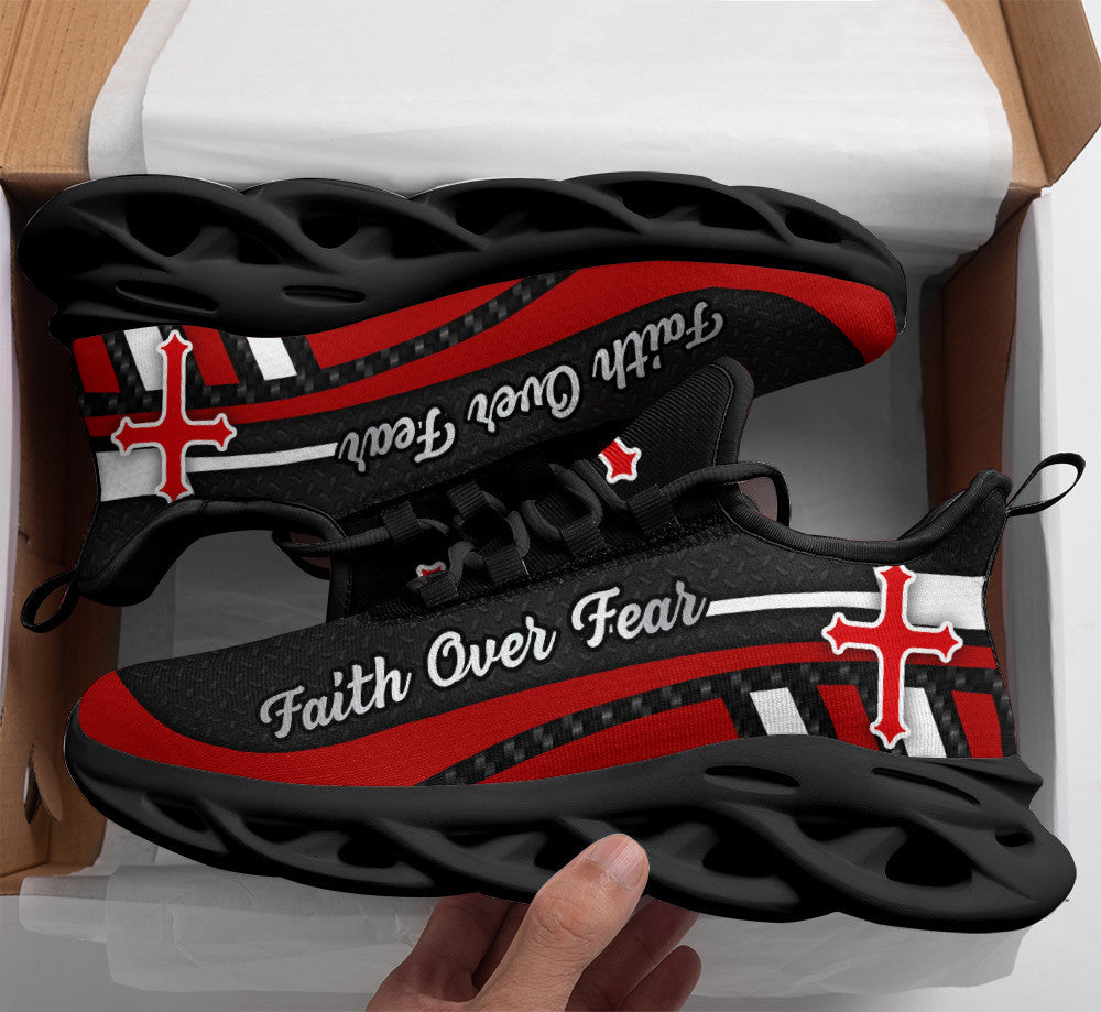 Red Black Jesus Faith Over Fear Yezy Running Sneakers Max Soul Shoes - Christian Shoes For Men And Women
