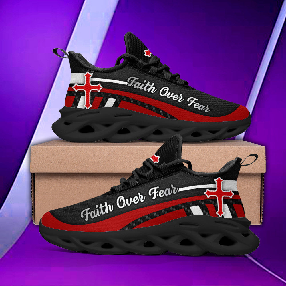 Red Black Jesus Faith Over Fear Yezy Running Sneakers Max Soul Shoes - Christian Shoes For Men And Women