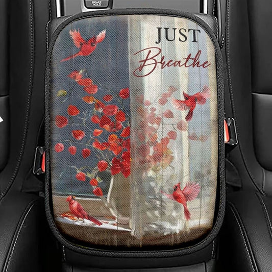 Red Cardinal Red Leaves Just Breathe Car Center Console Cover, Christian Armrest Seat Cover, Bible Seat Box Cover