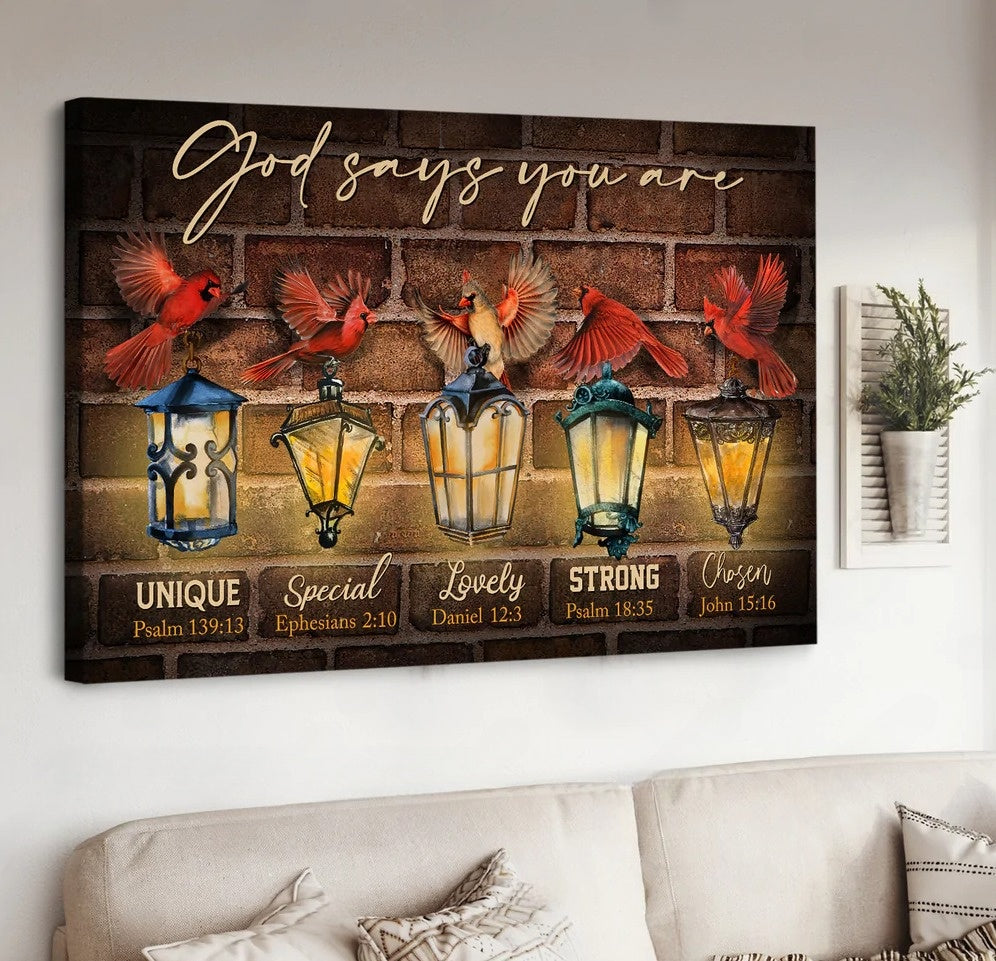Red Cardinals Street Lamps God Says You Are Canvas Wall Art - Christian Poster - Religious Wall Decor