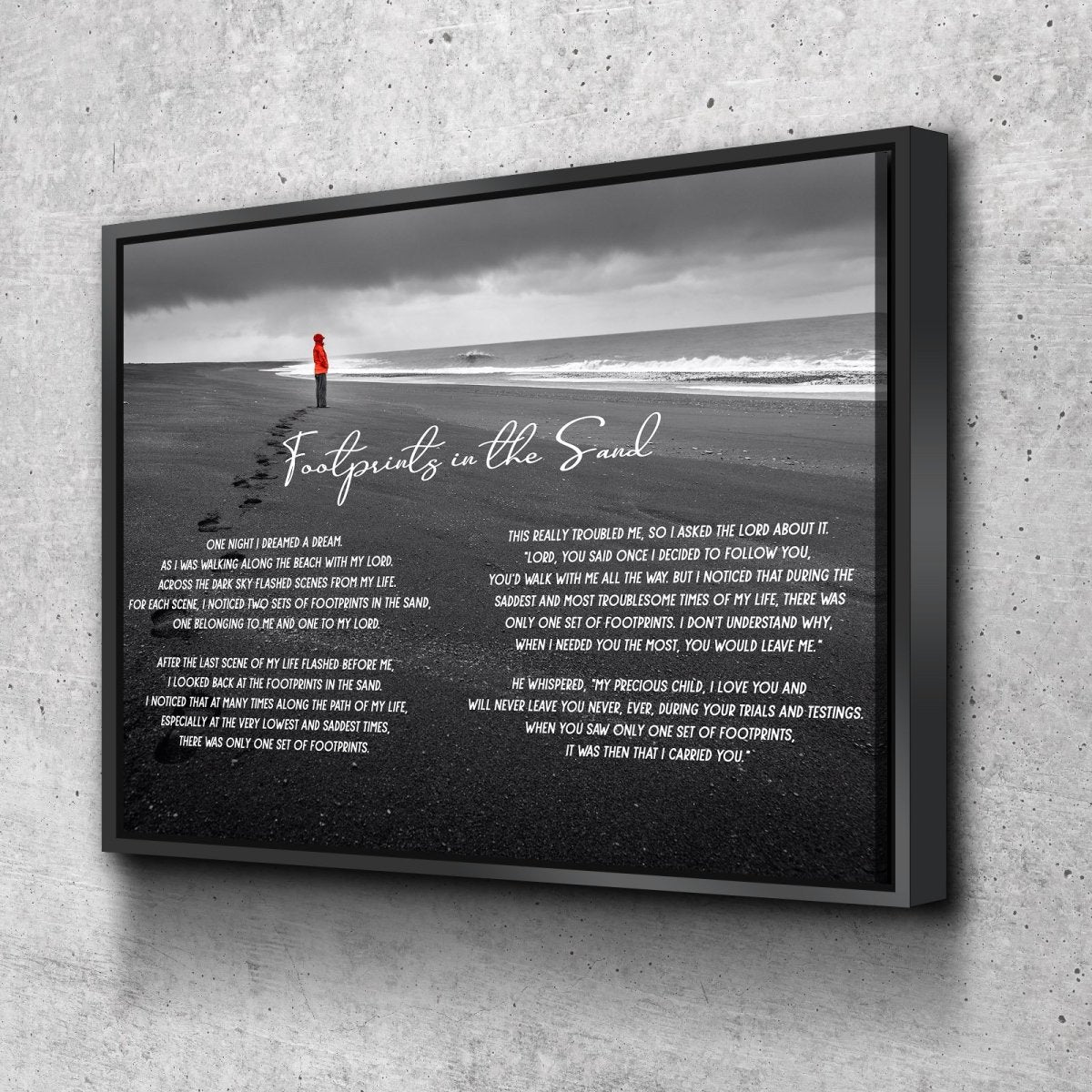 Red Jacket Footprints In The Sand Wall Art & Decor - Christian Canvas Wall Art