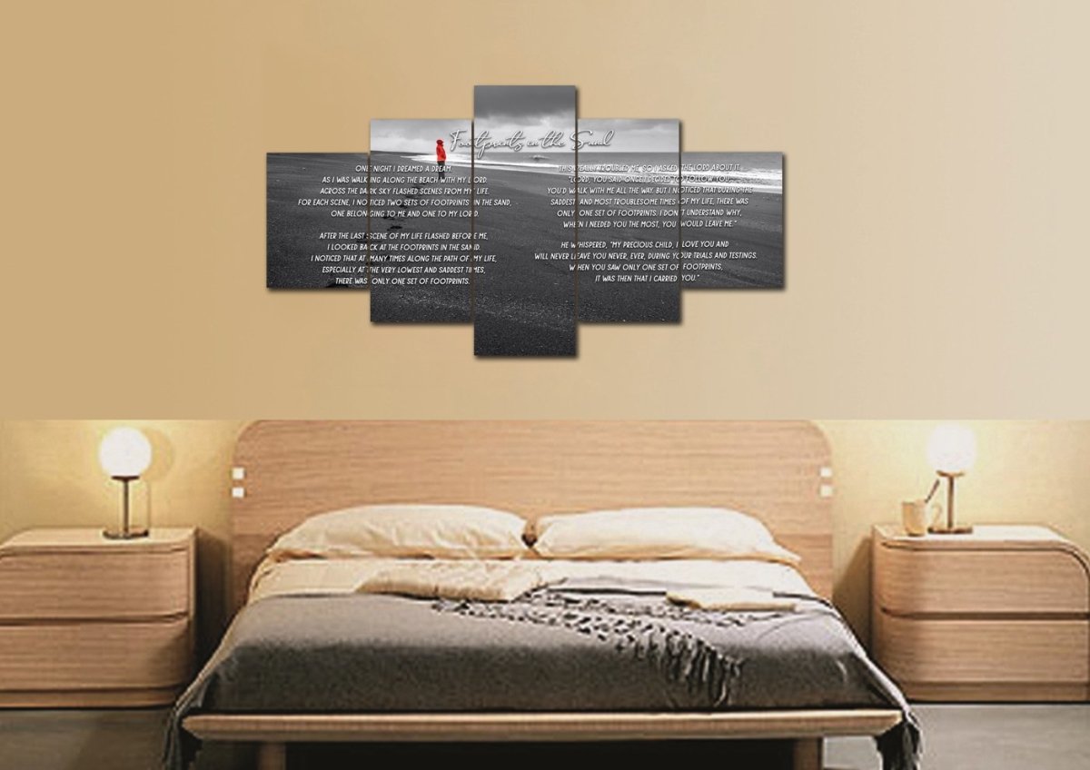 Red Jacket Footprints In The Sand Wall Art & Decor - Christian Canvas Wall Art