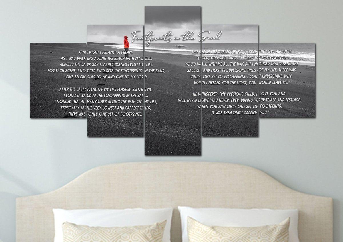 Red Jacket Footprints In The Sand Wall Art & Decor - Christian Canvas Wall Art