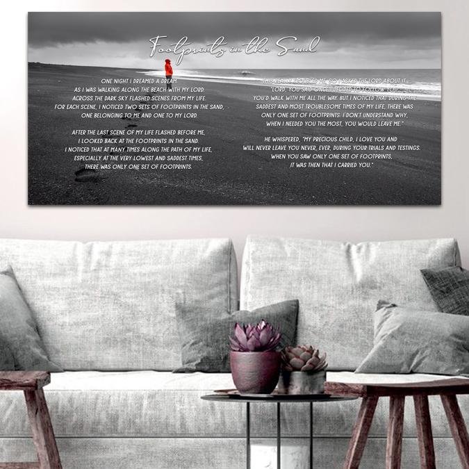Red Jacket Footprints In The Sand Wall Art & Decor - Christian Canvas Wall Art