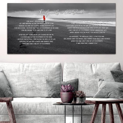 Red Jacket Footprints In The Sand Wall Art & Decor - Christian Canvas Wall Art