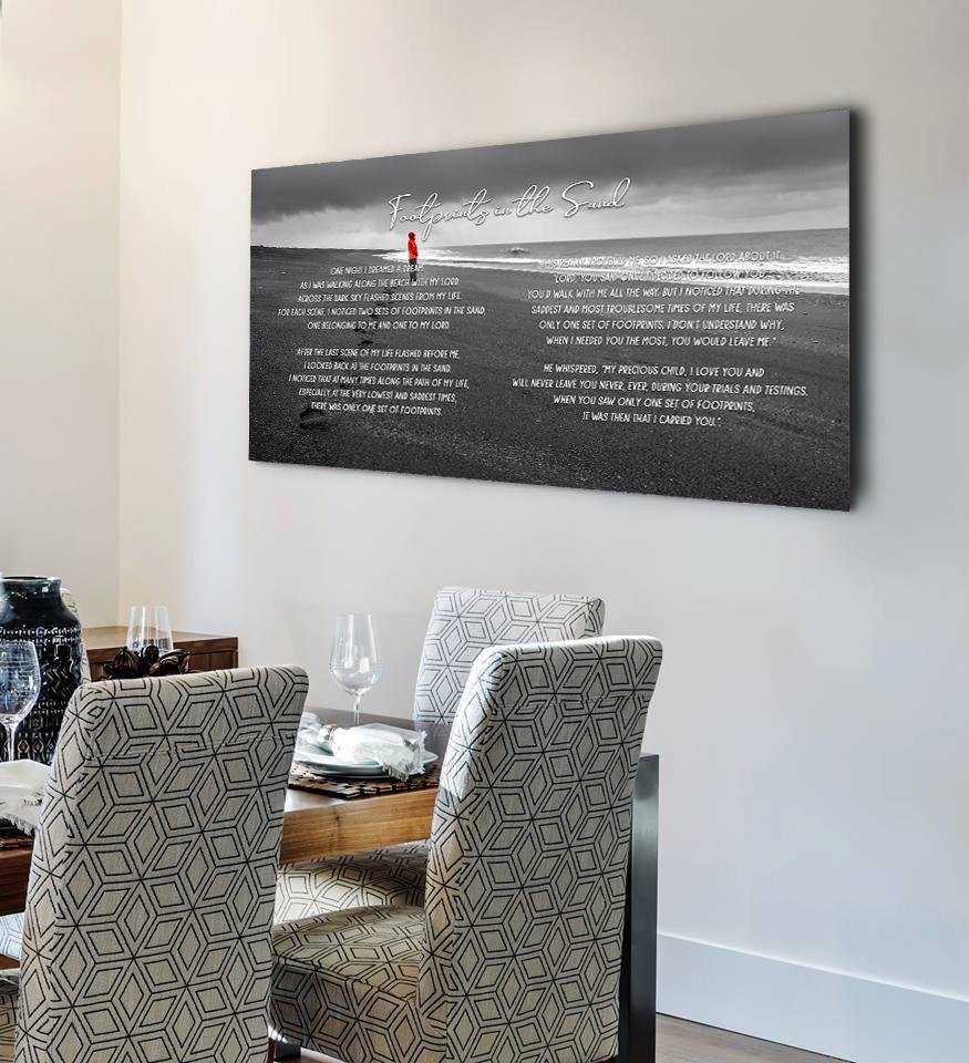 Red Jacket Footprints In The Sand Wall Art & Decor - Christian Canvas Wall Art