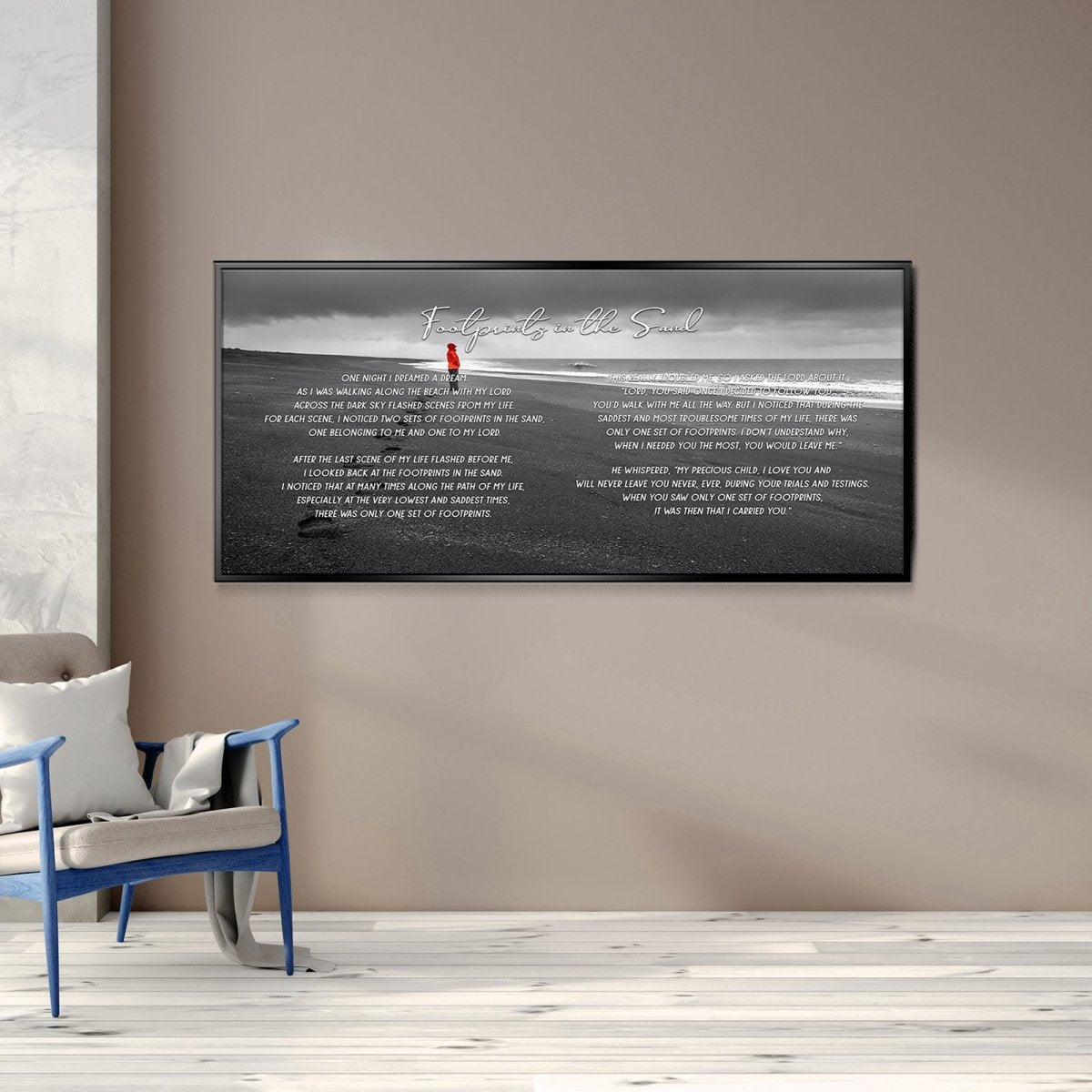 Red Jacket Footprints In The Sand Wall Art & Decor - Christian Canvas Wall Art