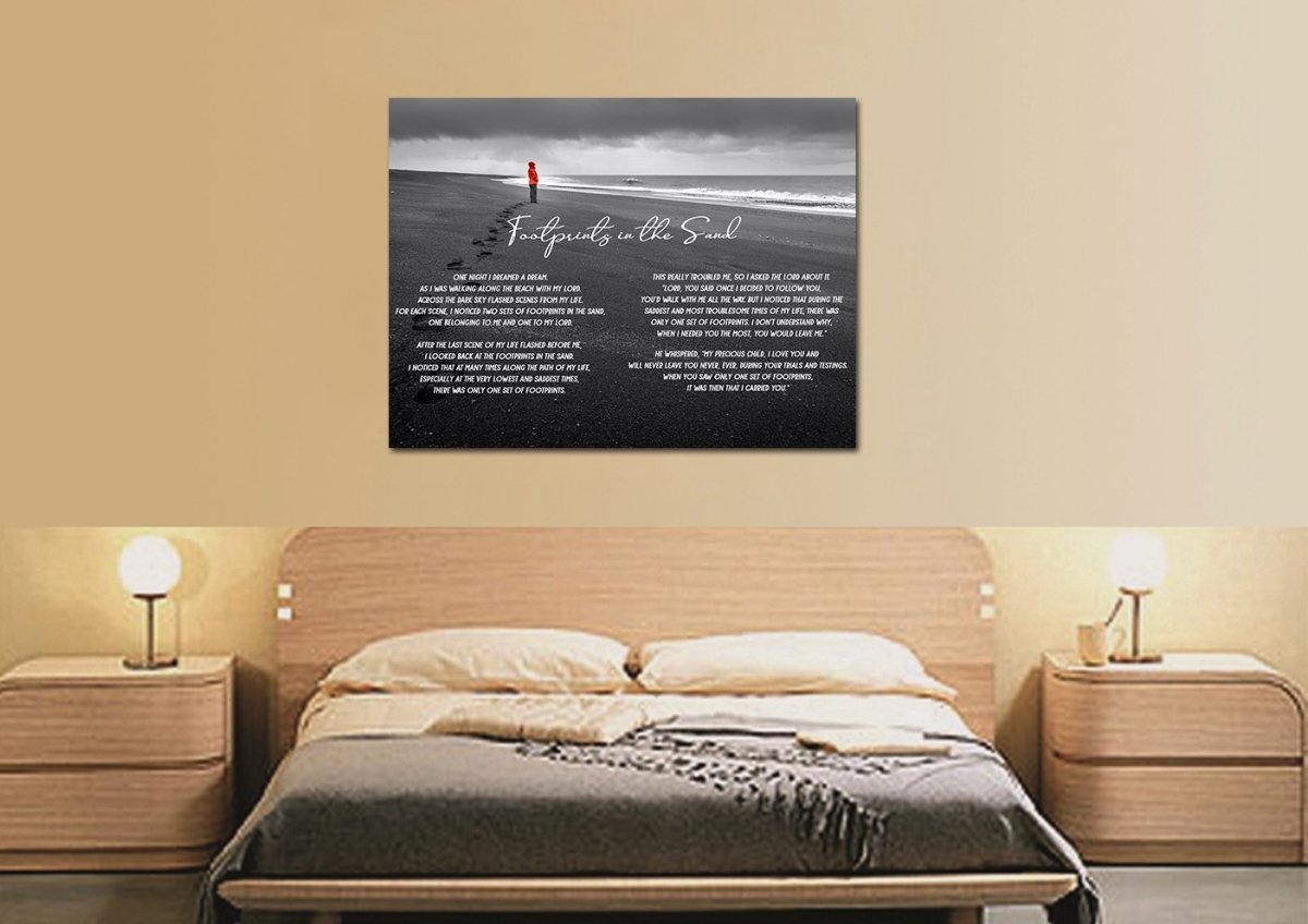 Red Jacket Footprints In The Sand Wall Art & Decor - Christian Canvas Wall Art