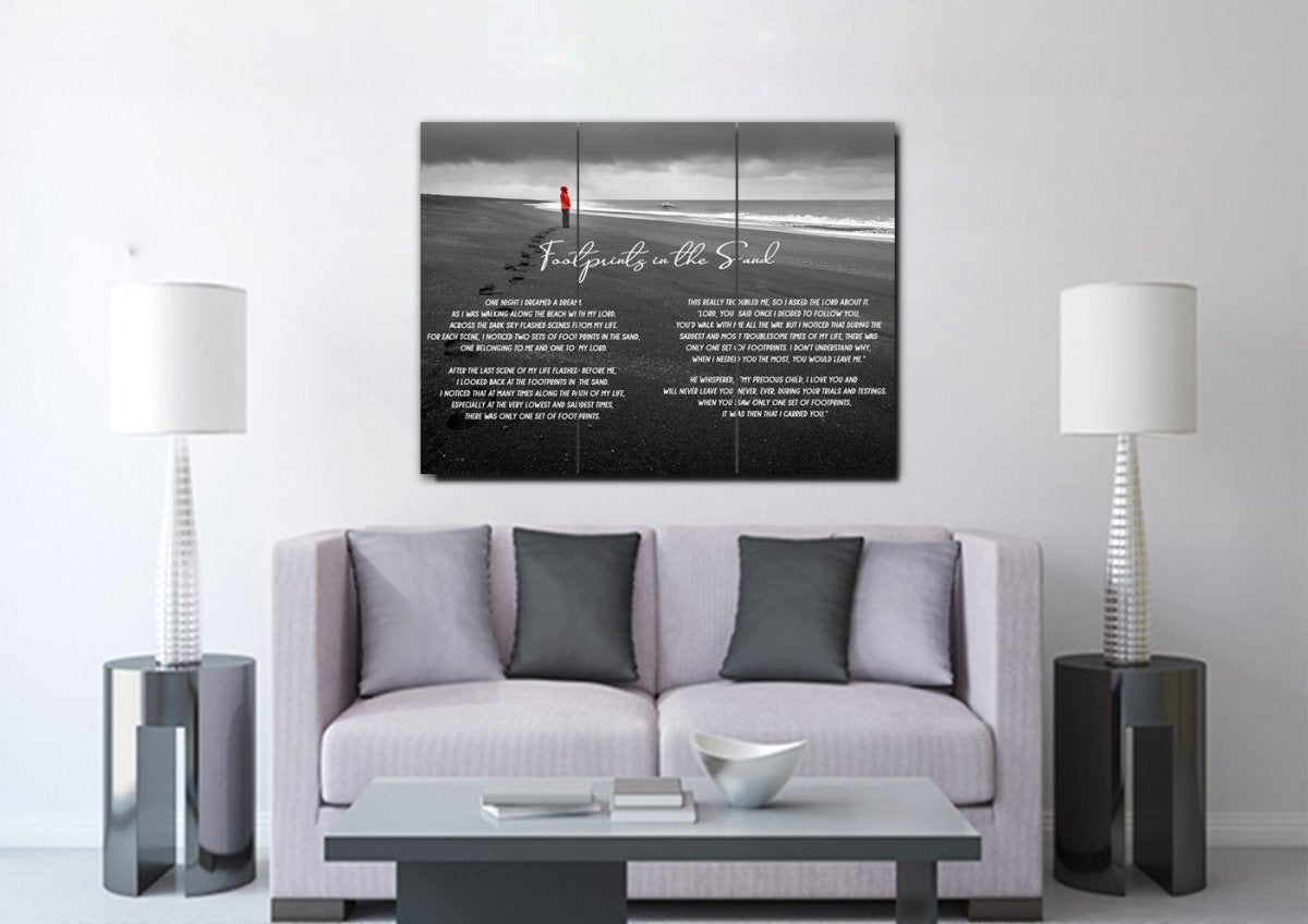 Red Jacket Footprints In The Sand Wall Art & Decor - Christian Canvas Wall Art