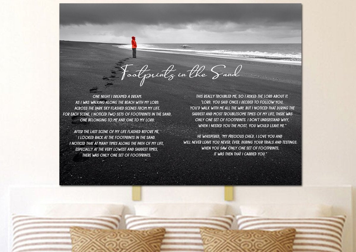 Red Jacket Footprints In The Sand Wall Art & Decor - Christian Canvas Wall Art