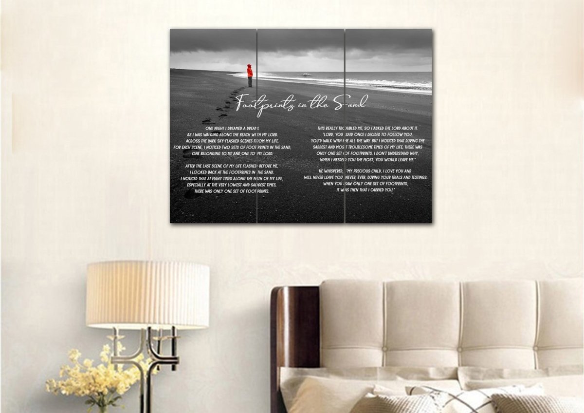 Red Jacket Footprints In The Sand Wall Art & Decor - Christian Canvas Wall Art