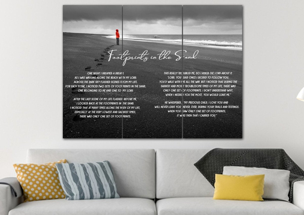 Red Jacket Footprints In The Sand Wall Art & Decor - Christian Canvas Wall Art