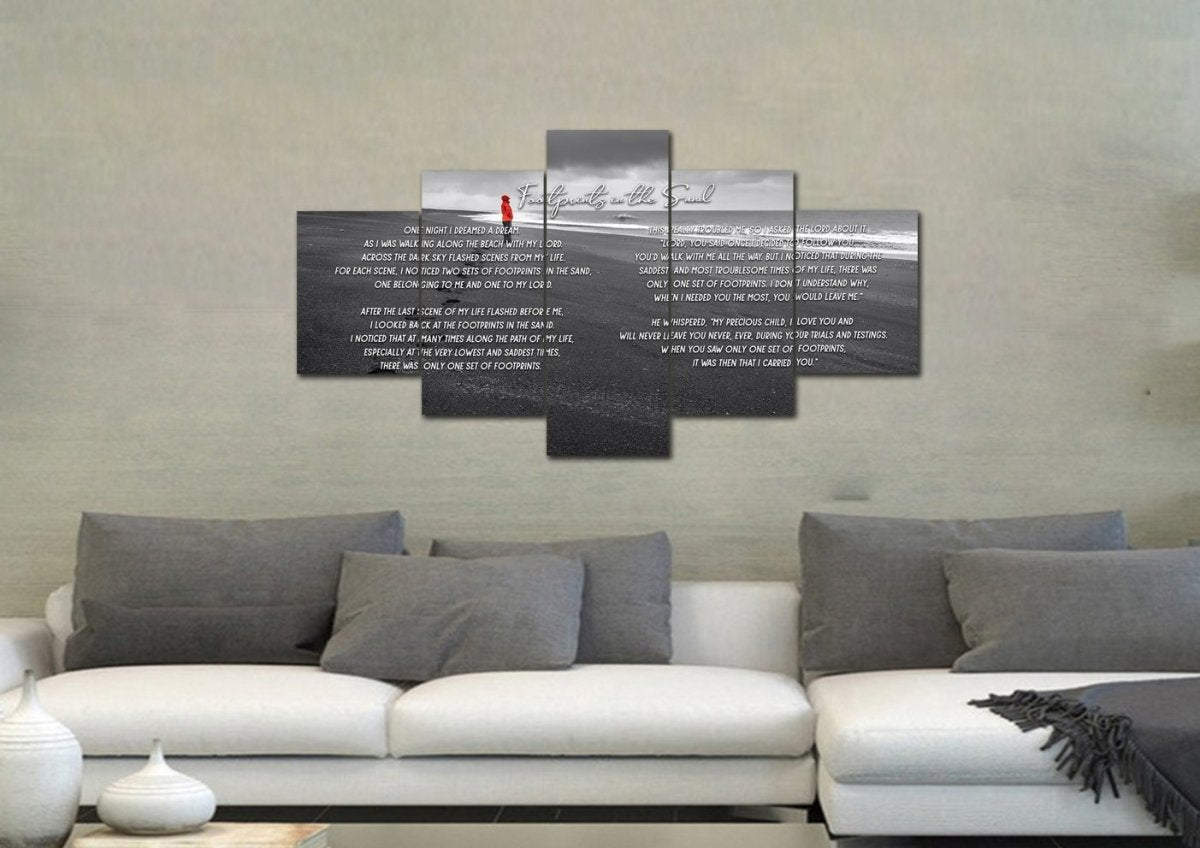 Red Jacket Footprints In The Sand Wall Art & Decor - Christian Canvas Wall Art