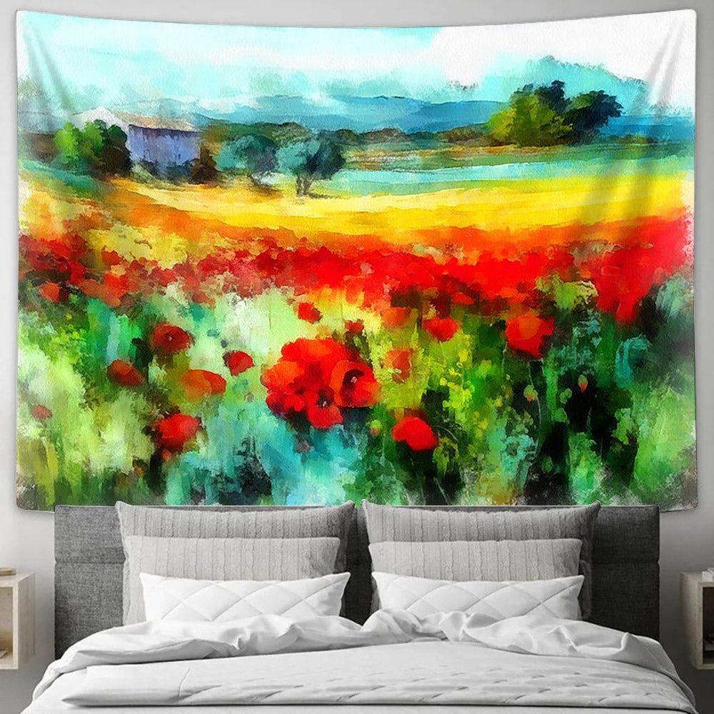 Red Poppies Field Painting Tapestry - Tapestry Wall Decor - Home Decor Living Room