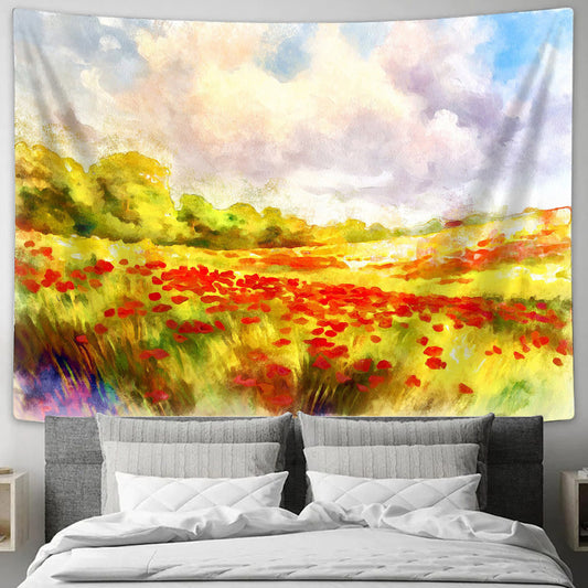Red Poppies Field Painting Tapestry 2 - Tapestry Wall Decor - Home Decor Living Room