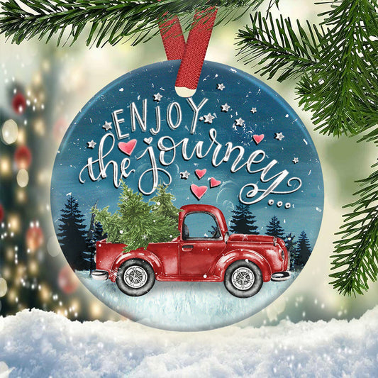 Red Truck Ceramic Circle Ornament - Decorative Ornament - Christmas Ornament