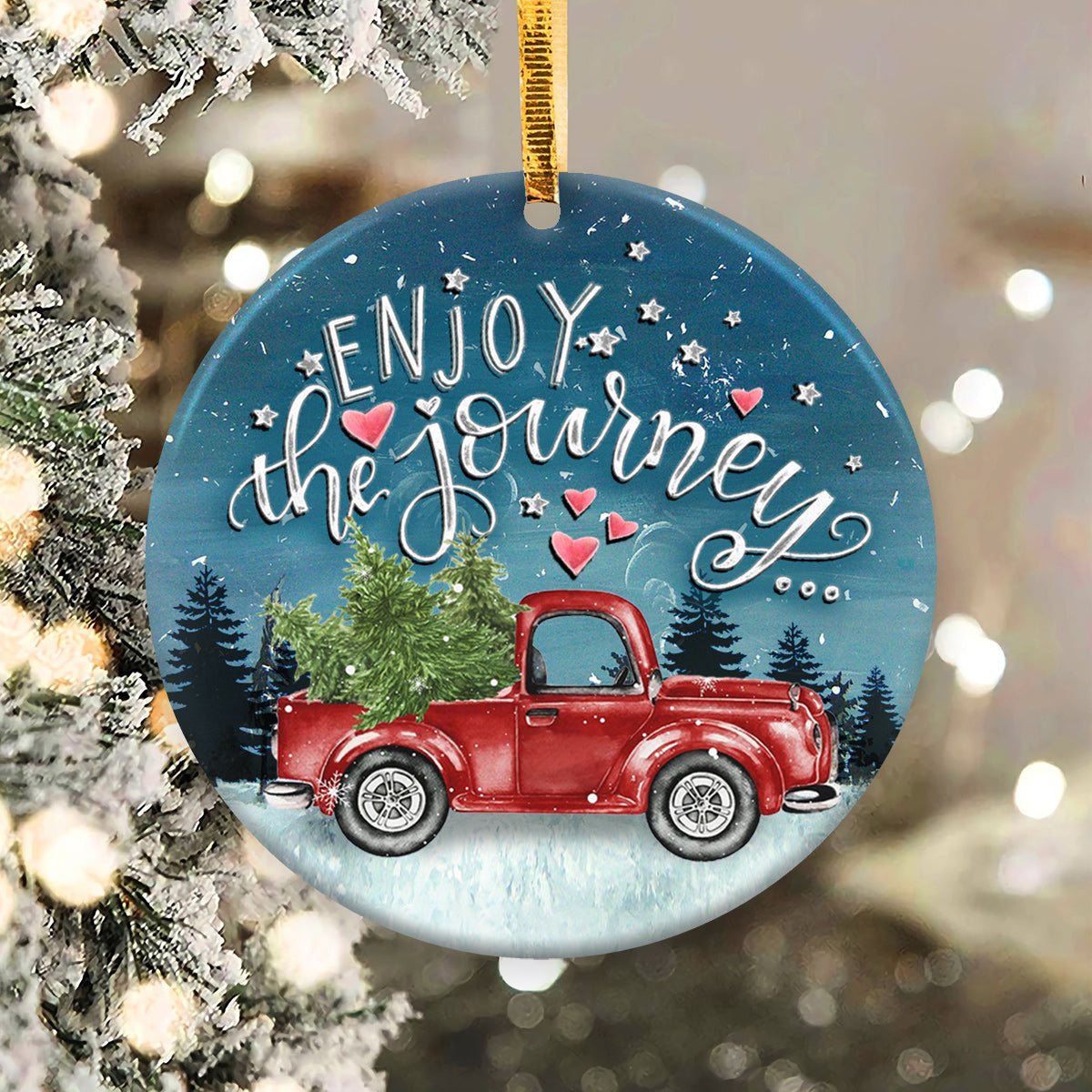 Red Truck Ceramic Circle Ornament - Decorative Ornament - Christmas Ornament