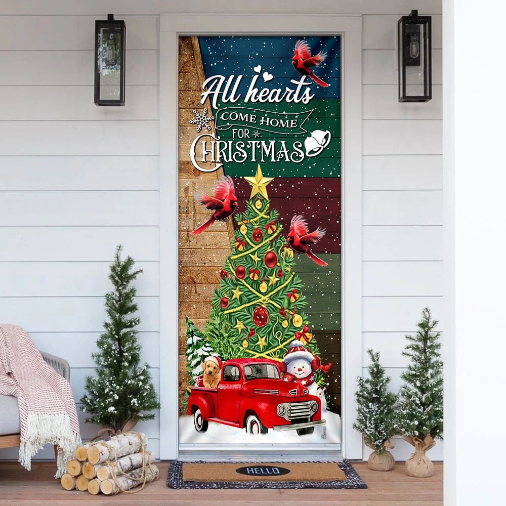 Red Truck Christmas Door Cover - All Hearts Come Home For Christmas Door Cover - Christmas Outdoor Decoration