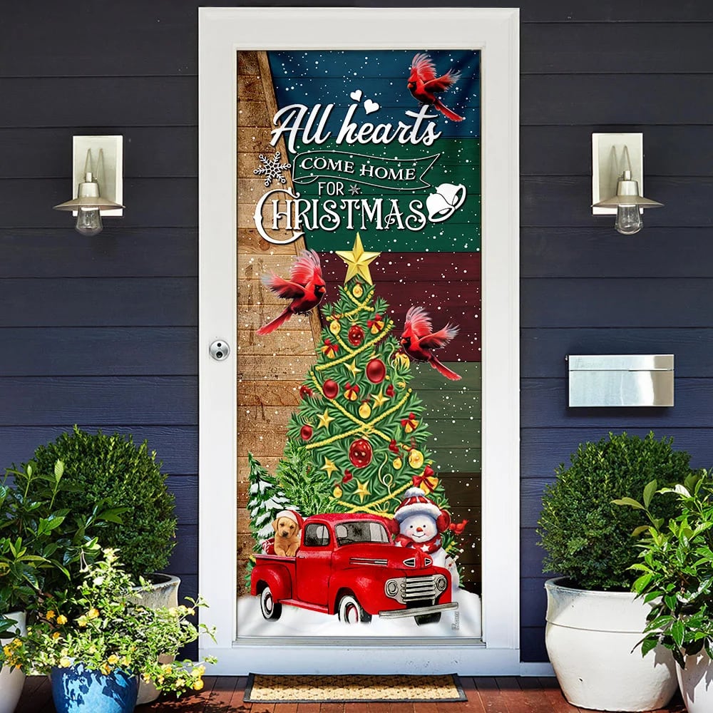 Red Truck Christmas Door Cover - All Hearts Come Home For Christmas Door Cover - Christmas Outdoor Decoration