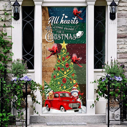 Red Truck Christmas Door Cover - All Hearts Come Home For Christmas Door Cover - Christmas Outdoor Decoration