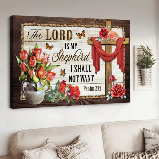 Red Tulip Rose Christ Cross The Lord Is My Shepherd Canvas Wall Art - Christian Poster - Religious Wall Decor