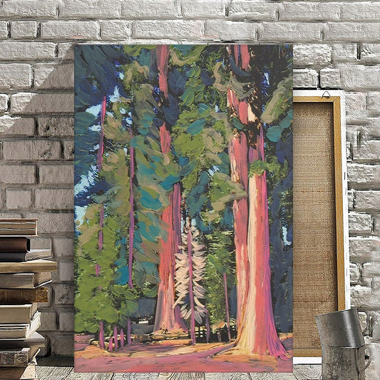 Redwood National Park Travel Poster, Abstract California Wrapped Canvas, Sequoia Forest Park Decor, Vintage Midcentury Tree Wall Art Painting