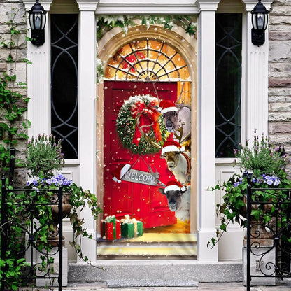Reindeer Farmhouse Christmas Door Cover - Christmas Outdoor Decoration