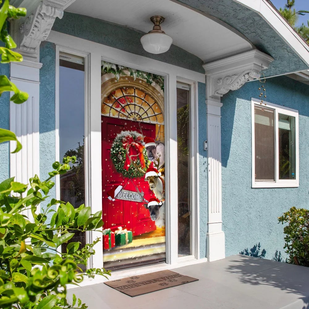 Reindeer Farmhouse Christmas Door Cover - Christmas Outdoor Decoration