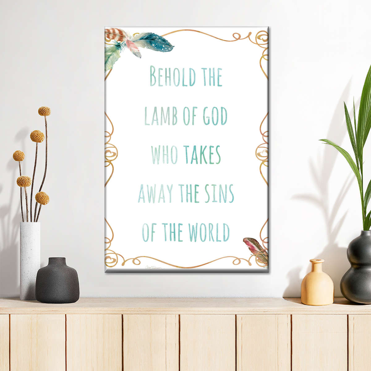 Religious Feather Behold The Lamb Of God Bible Verse Wall Art Canvas - Canvas Religious Wall Art - Christian Wall Decor Living Room