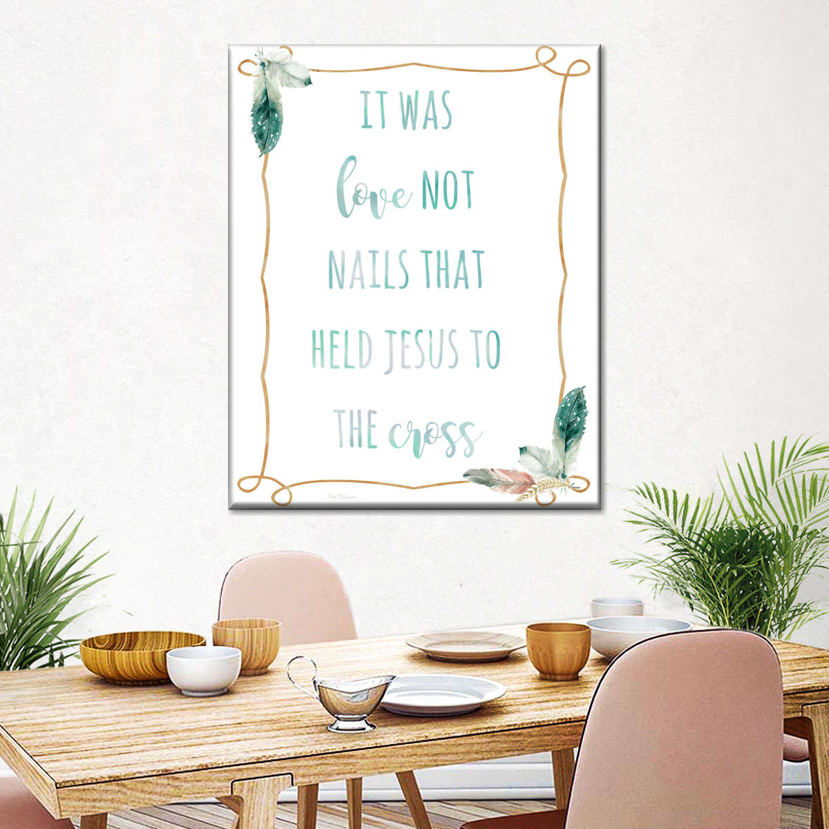 Religious Feather Love Not Nails Wall Art Canvas - Canvas Religious Wall Art - Christian Wall Decor Living Room