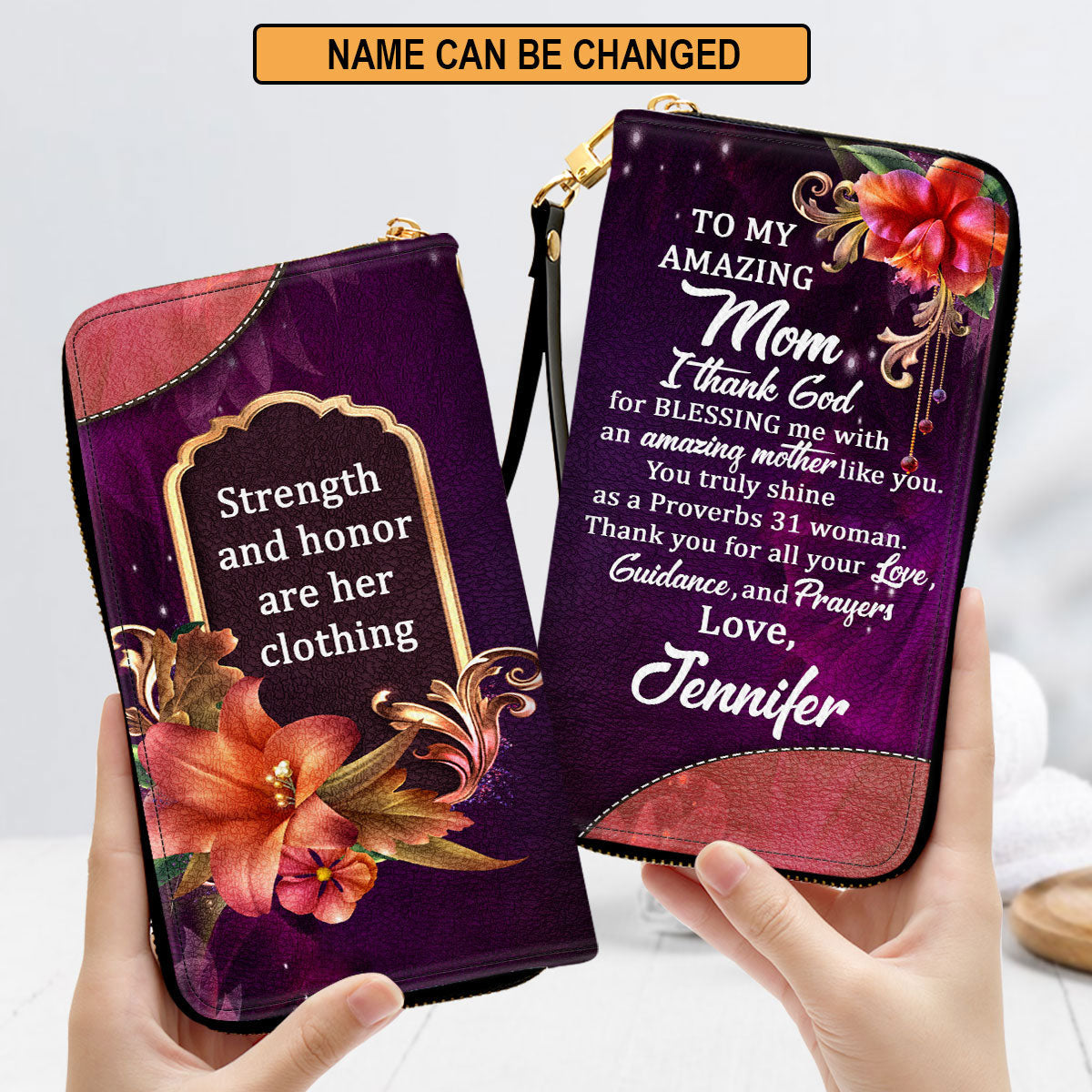 Religious Gifts For Mothers Strength And Honor Are Her Clothing Clutch Purse For Women - Personalized Name - Christian Gifts For Women