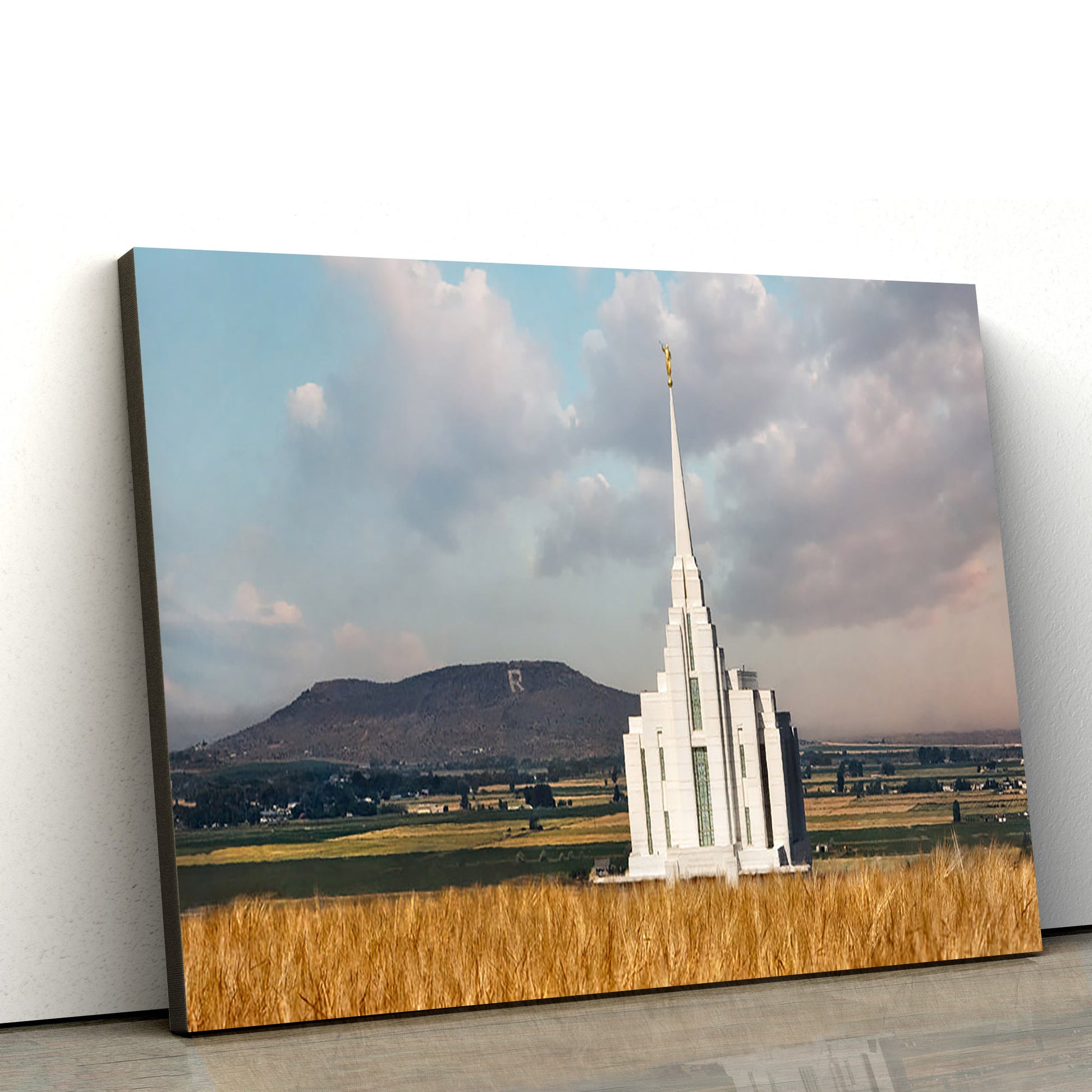 Rexburg Temple R Mountain Panoramic Canvas Wall Art - Jesus Christ Picture - Canvas Christian Wall Art