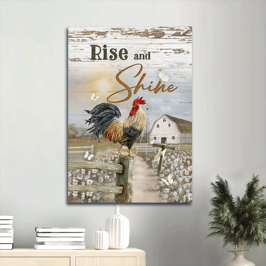 Rise And Shine Rooster Canvas Wall Art - White Flower Field & Sunset Portrait Canvas - Gift For Christian