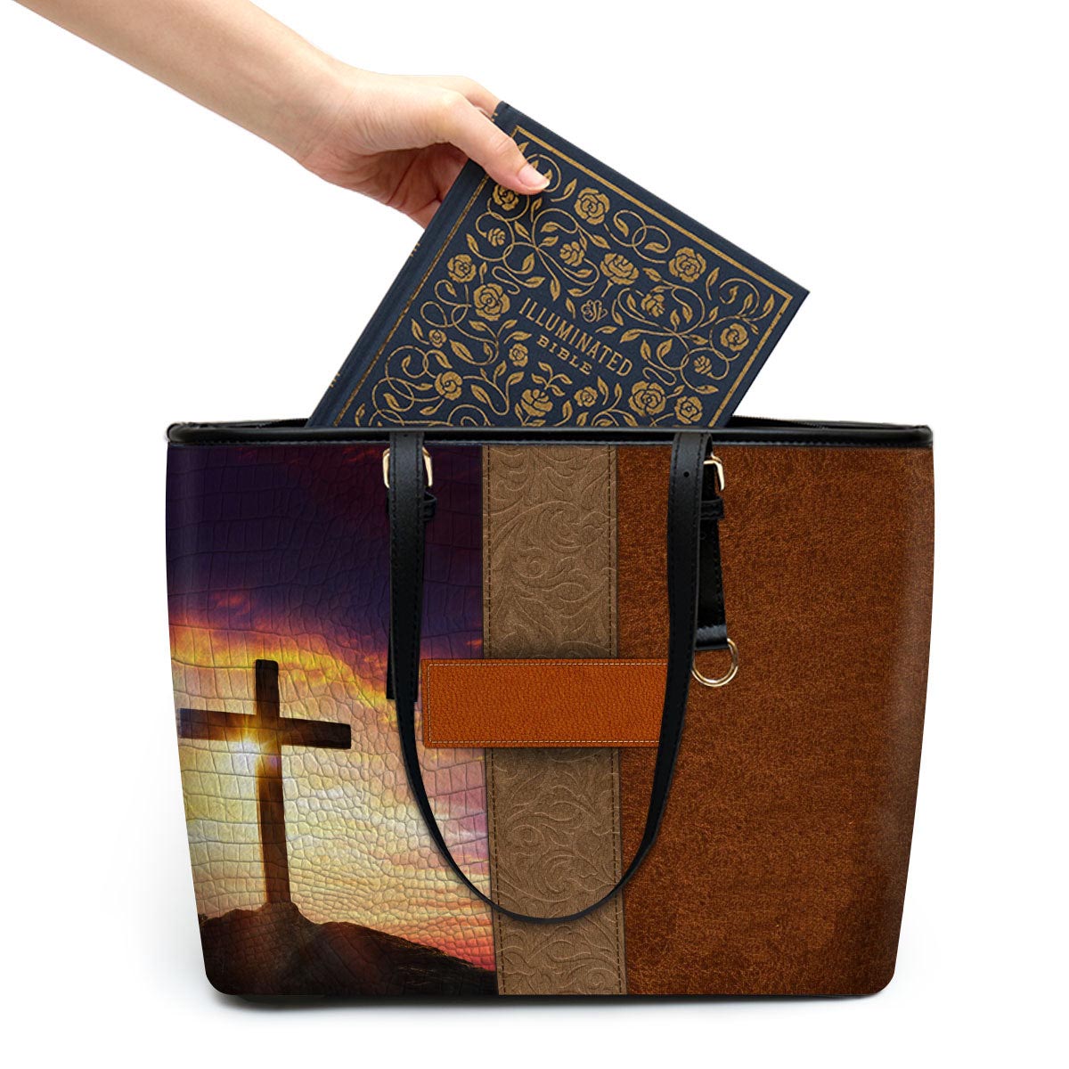 Rise Up And Pray Personalized Cross Large Pu Leather Tote Bag For Women - Mom Gifts For Mothers Day