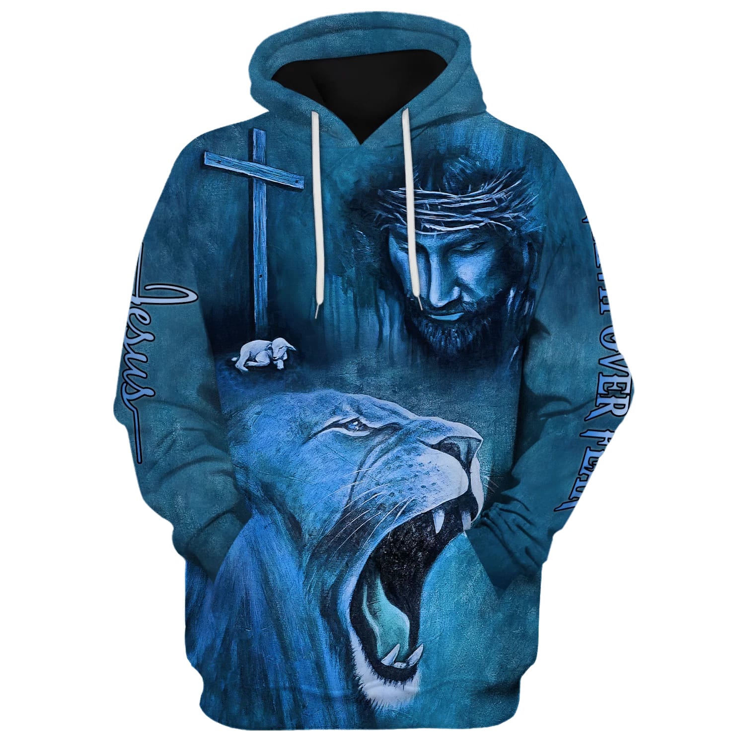 Roaring Blue Lion And Jesus - Faith Over Fear Hoodie - Men & Women Christian Hoodie - 3D Printed Hoodie