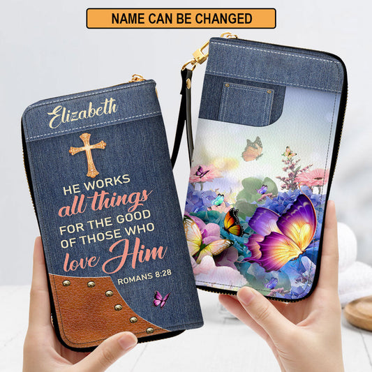 Romans 828 Spiritual Bible Gifts For Women He Works All Things For The Good Of Those Who Love Him Clutch Purse For Women - Personalized Name