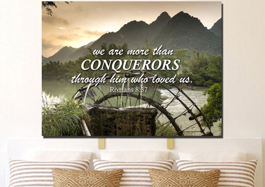 Romans 837 We Are Conquerors Through Him Canvas Wall Art Print - Christian Canvas Wall Art