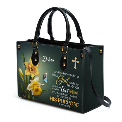 Romans 8 28 And We Know That In All Things Religious Personalized Leather Handbag With Handle Gifts For Christian Women