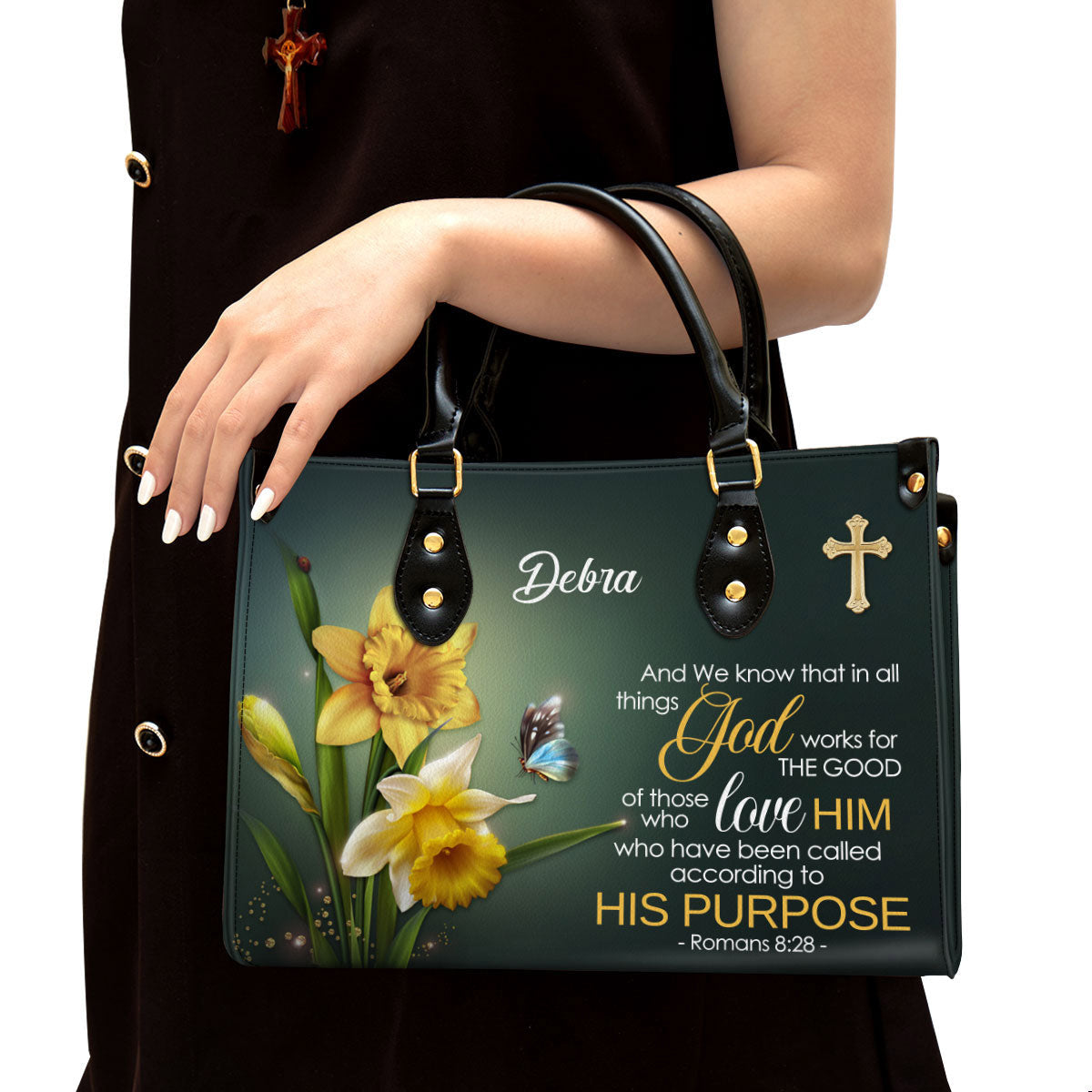Romans 8 28 And We Know That In All Things Religious Personalized Leather Handbag With Handle Gifts For Christian Women