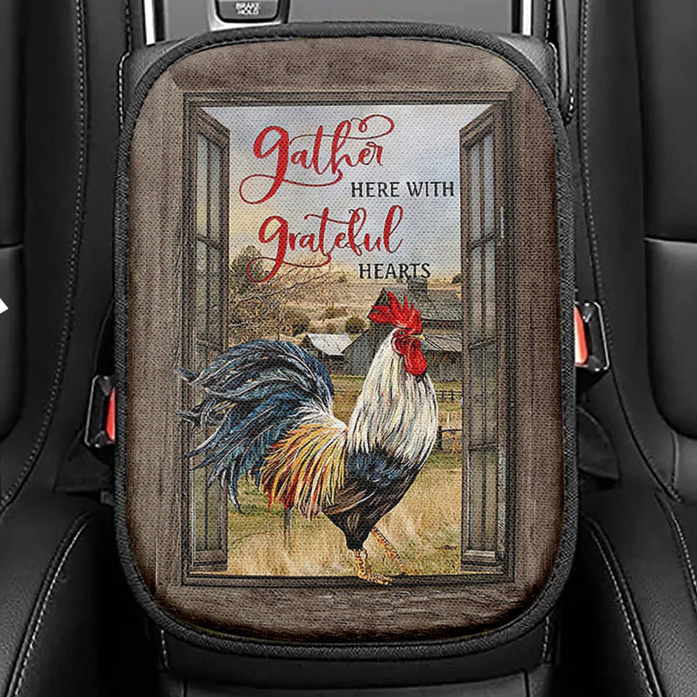 Rooster Meadow Land Gather Here With Grateful Hearts Seat Box Cover, Christian Car Center Console Cover, Bible Verse Car Interior Accessories