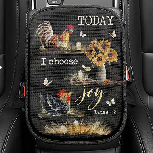 Rooster White Flower Field Sunset Rise And Shine Seat Box Cover, Christian Car Center Console Cover, Bible Verse Car Interior Accessories