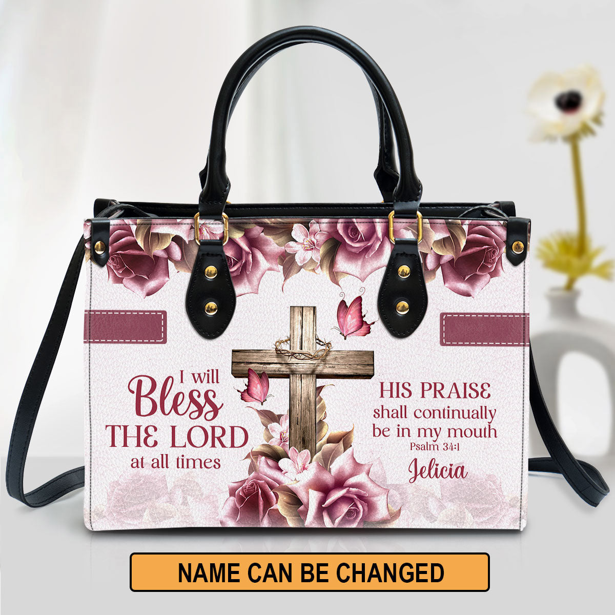 Rose & Cross Psalm 341 I Will Bless the Lord At All Times Leather Bag - Personalized Leather Bible Handbag - Christian Gifts for Women