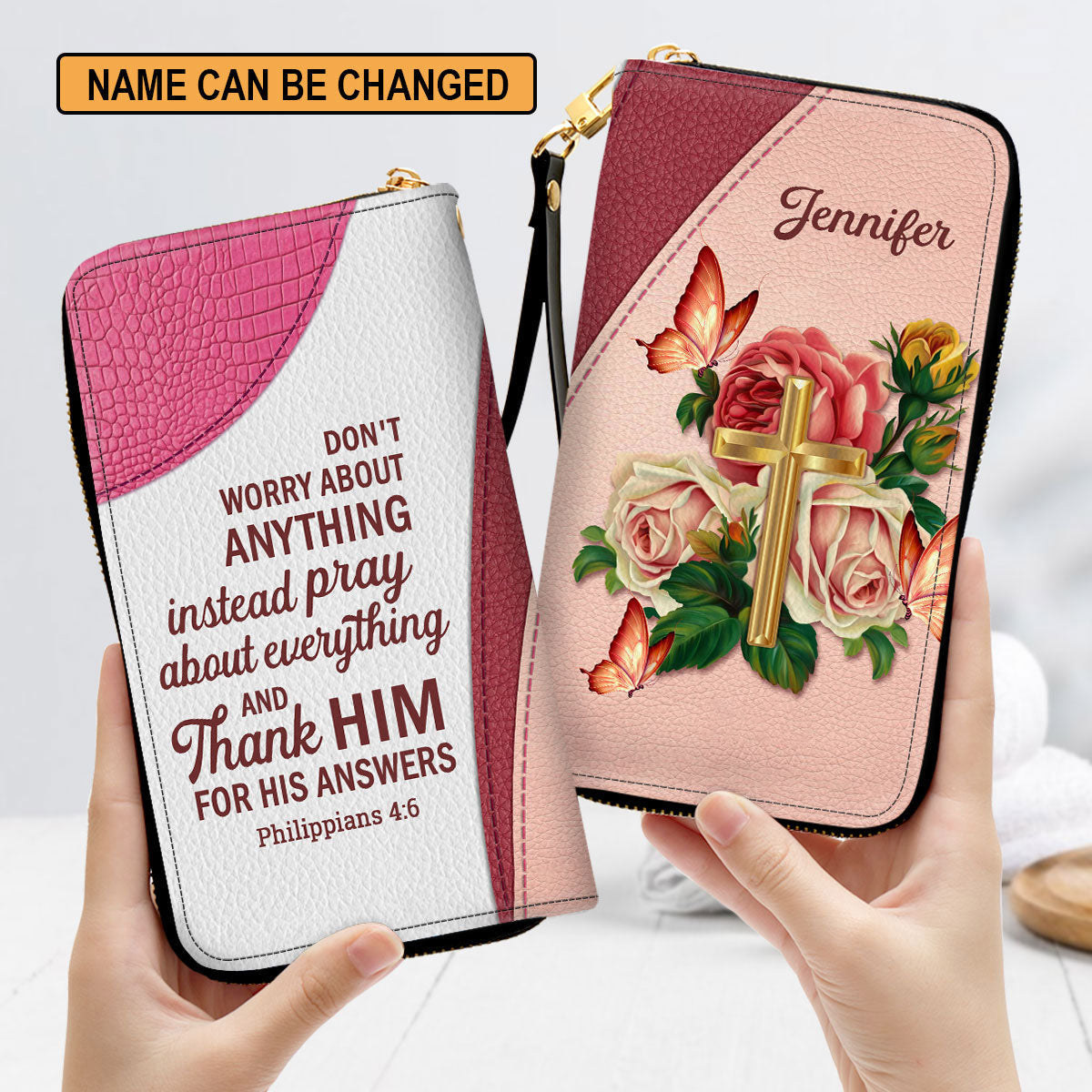 Rose Don‘T Worry About Anything Philippians 46 Scripture Gifts For Religious Women Clutch Purse For Women - Personalized Name