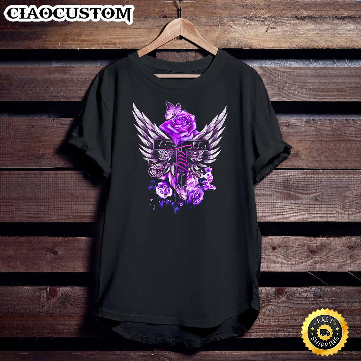Rose Flower Wings Butterfly Faith Cross Purple Jesus Lover Unisex T Shirt - Men Women T-Shirts