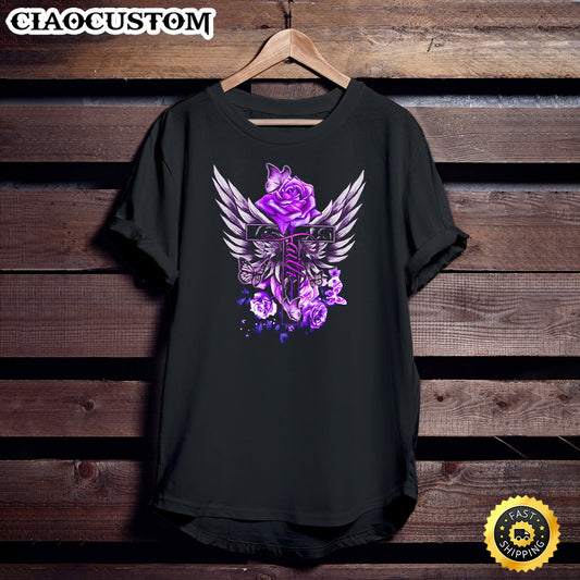 Rose Flower Wings Butterfly Faith Cross Purple Jesus Lover Unisex T Shirt - Men Women T-Shirts